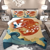 Homewish Animal Crane Bedding Comforter Set 2pcs for Teens Boys Girls,Japanese Style Twin Comforter Sets Microfiber,Oriental Ukiyoe Breathable Bedding Set,Lightweight Room Decor,Reversible