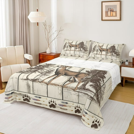 Homewish Animal Deer 4-Piece Full Size Sheets for Female Men Teens,Brown Wheat Bed Sheets,Jungle Wildlife Lightweight Sheet Sets,Retro Vintage Room Decor