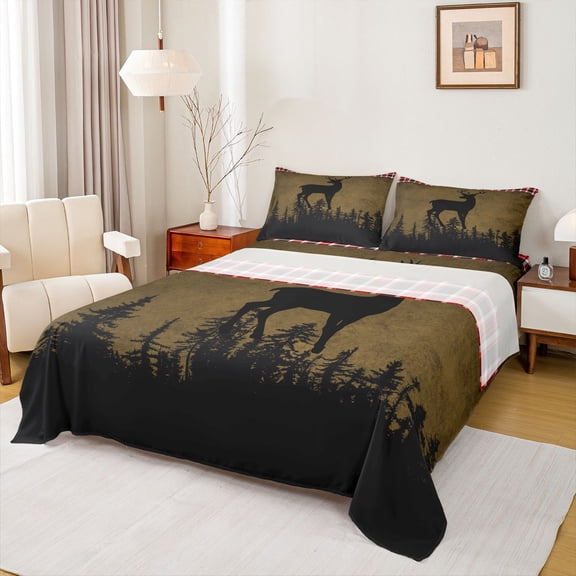 Homewish Animal Deer 4 Pieces Queen Sheet Sets for Female Men Adults,Black Brown Ultra Soft Flat Sheet,Jungle Woodland Wildlife Queen Fitted Sheet,Lightweight Room Decor