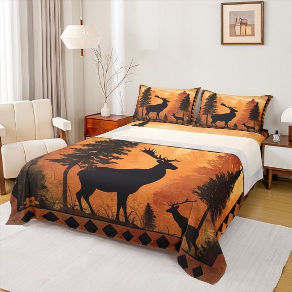 Homewish Animal Deer 4 Pieces Queen Sheet Sets for Teens Boys Girls,Jungle Wildlife Ultra Soft Flat Sheet,Black Orange Queen Fitted Sheet,Luxury Bedroom Decor