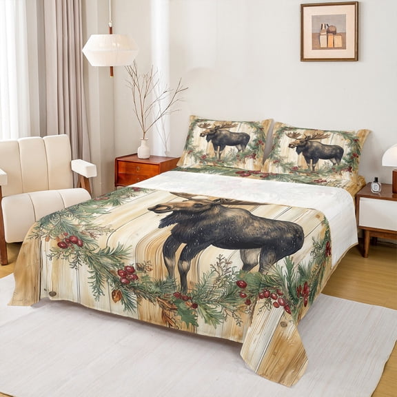 Homewish Animal Deer King Sheet Set, 4Pcs Lodge Cabin Woodland Wildlife Microfiber Bedding