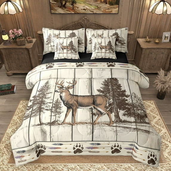 Homewish Animal Deer 7-Piece Bedding Comforter Set for Female Men Teens,Brown Wheat King Bedding Sets,Jungle Wildlife Ultra Soft Bed Sheets,Retro Vintage Room Decor,Reversible