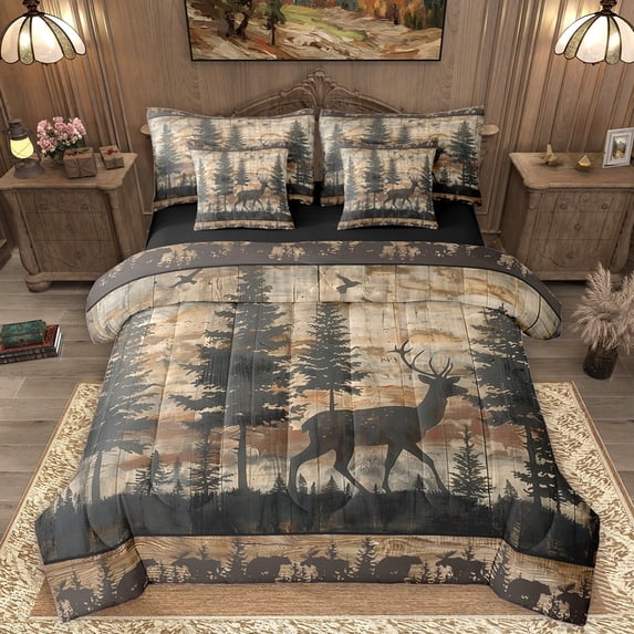 Homewish Animal Deer 7-Piece Twin Bedding Sets For Teens Boys Girls,Jungle Wildlife Bedding Comforter Set,Retro Vintage Cabin Breathable Sheet Sets,Breathable Home Decor,Reversible