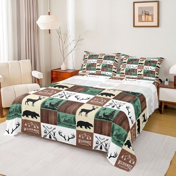 Homewish Animal Deer Bear Twin Sheet Sets 3pcs for Female Men Adults,Geometric Plaid Twin Fitted Sheet Microfiber,Jungle Woodland Wildlife Breathable Flat Sheet,Lightweight Room Decor