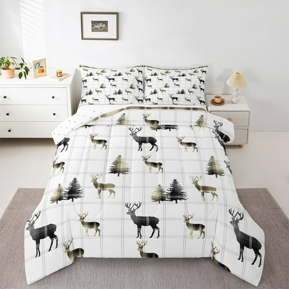 Homewish Animal Deer Bedding Comforter Set 2pcs for Female Men Adults,Geometric Plaid Grid Twin Comforter Sets Microfiber,Jungle Woodland Wildlife Breathable Bedding Set,Lightweight Room Decor