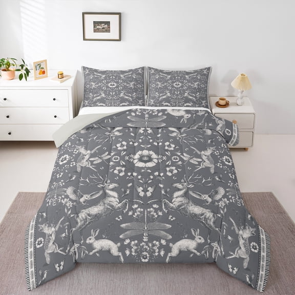 Homewish Animal Deer Rabbit Owl 2pcs Bedding Comforter Set for Teens Boys Girls,Chic Flower Twin Comforter Sets,Exotic Style Breathable Bedding Set,Ultra Soft Home Decor,Reversible