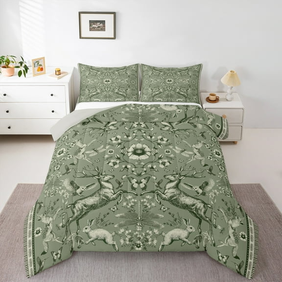 Homewish Animal Deer Rabbit Owl 3 Pieces Queen Comforter Set for Teens Boys Girls,Chic Flower Ultra Soft Bedding Sets,Exotic Style Bedding Comforter Set,Ultra Soft Home Decor,Reversible