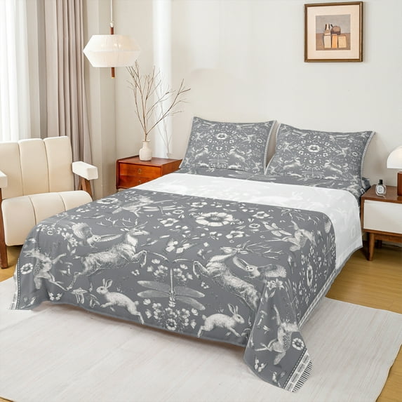 Homewish Animal Deer Rabbit Owl 4 Pieces Queen Sheet Sets for Teens Boys Girls,Chic Flower Ultra Soft Flat Sheet,Exotic Style Queen Fitted Sheet,Ultra Soft Home Decor