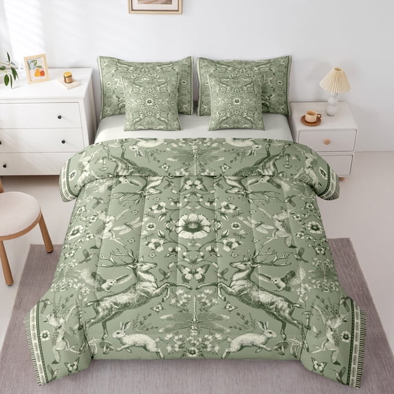 Homewish Animal Deer Rabbit Owl 7 Pieces Bedding Comforter Set for Teens Boys Girls,Chic Flower Full Bedding Set Lightweight,Exotic Style Fitted Sheet Flat Sheet,Ultra Soft Home Decor,Reversible