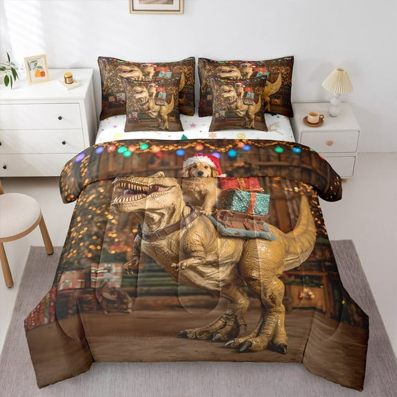 Homewish Animal Dinosaur Cat 7 Pieces Bedding Comforter Set for Teens Boys Girls,Retro Vintage Full Bedding Set Lightweight,Merry Christmas Fitted Sheet Flat Sheet,Luxury Bedroom Decor,Reversible