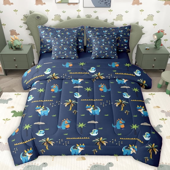 Homewish Animal Dinosaur Twin Bedding Sets 7-Piece for Teens Boys Girls,Kawaii Woodland Dino Bedding Comforter Set Microfiber,Cartoon Jungle Wildlife Breathable Sheet Sets,Lightweight Room Decor