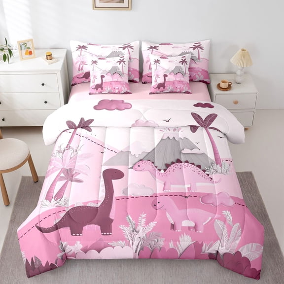 Homewish Animal Dinosaurs 7-Piece Twin Bedding Sets For Children Teens,Jungle Wildlife Bedding Comforter Set,Cartoon Dino Breathable Sheet Sets,Ultra Soft Home Decor,Reversible