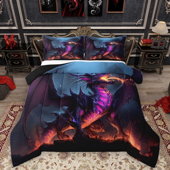 Homewish Animal Dragon 3 Pieces Queen Comforter Set for Kids Children Teens,Abstract Gradient Ultra Soft Bedding Sets,Black Purple Orange Bedding Comforter Set Breathable,Ultra Soft Home Decor