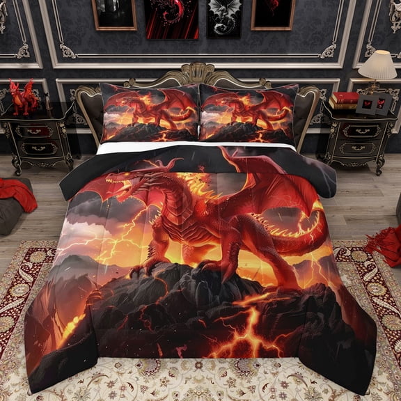 Homewish Animal Dragon 3 Pieces Queen Comforter Set for Kids Children Teens,Abstract Lightning Ultra Soft Bedding Sets,Black Orange Bedding Comforter Set Breathable,Ultra Soft Home Decor,Reversible