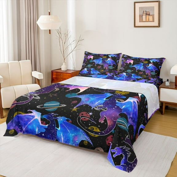 Homewish Animal Dragon 4pcs Bed Sheets For Kids Teens,Universe Planet King Sheets,Abstract Gradient Galaxy Super Cozy Sheet Set,Lightweight Room Decor