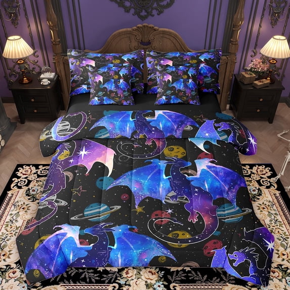 Homewish Animal Dragon 7-Piece Twin Bedding Sets For Kids Teens,Universe Planet Bedding Comforter Set,Abstract Gradient Galaxy Breathable Sheet Sets,Lightweight Room Decor,Reversible