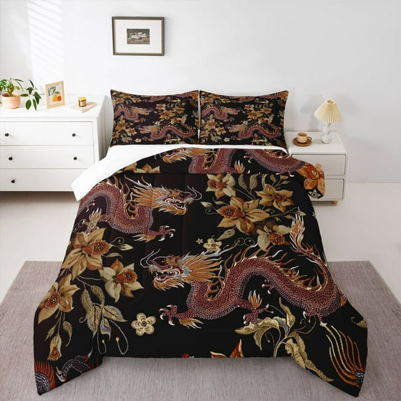 Homewish Animal Dragon Bedding Comforter Set 2pcs for Female Men Adults,Chic Flowers Twin Comforter Sets Microfiber,Japanese Style Breathable Bedding Set,Lightweight Room Decor