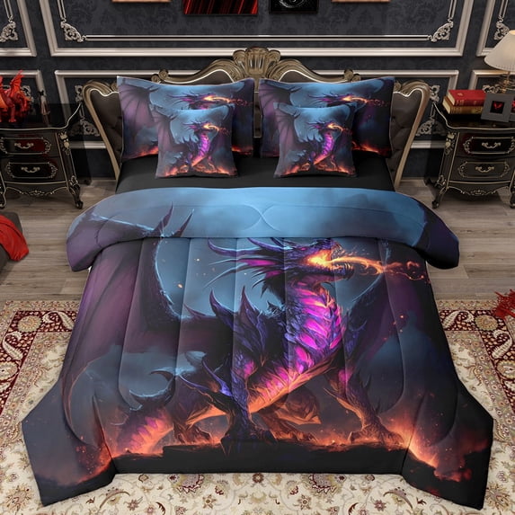 Homewish Animal Dragon Twin Bedding Sets 7-Piece for Kids Children Teens,Abstract Gradient Bedding Comforter Set Microfiber,Black Purple Orange Breathable Sheet Sets,Ultra Soft Home Decor,Reversible