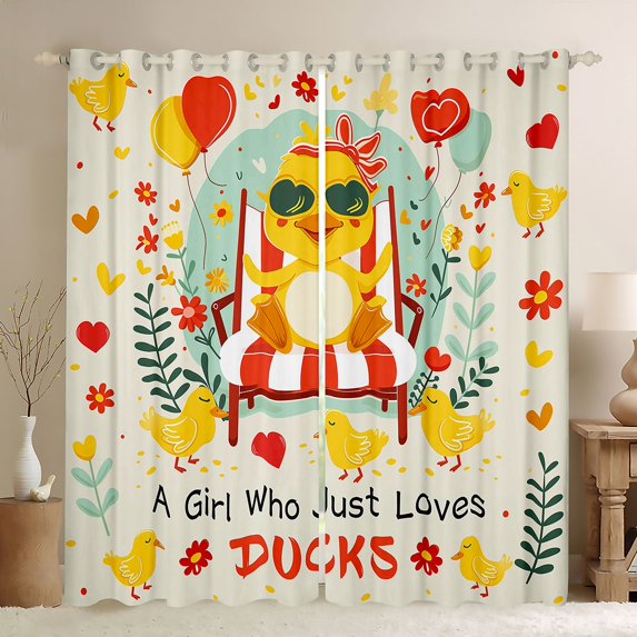 Homewish Animal Duck Black Out Curtains for Teens Boys Girls,Kawaii Flowers Curtains Pack of 2 (42x63 Each),Love Heart Print Bedroom Curtains,Breathable Home Decor