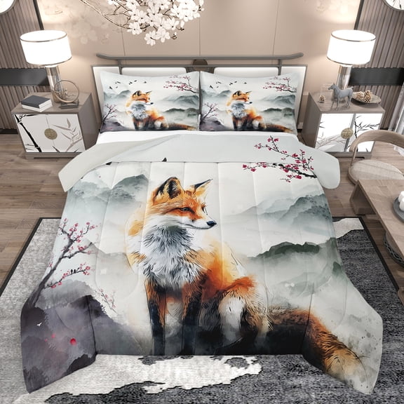 Homewish 2-Piece Animal Fox Japanese Style Cherry Blossoms Twin Bedding Comforter Set for Boys Girls, Reversible Lightweight Breathable Room Decor
