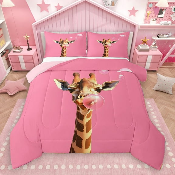Homewish Animal Giraffe 2pcs Bedding Comforter Set for Teens Boys Girls,Pink Brown Twin Comforter Sets,Pink Bubbles Breathable Bedding Set,Ultra Soft Home Decor,Reversible