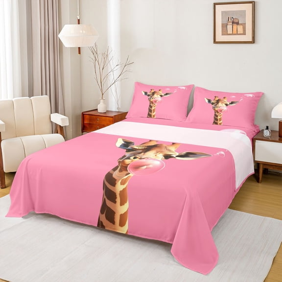 Homewish Animal Giraffe 3pcs Twin Sheet Sets for Teens Boys Girls,Pink Brown Twin Fitted Sheet,Pink Bubbles Breathable Flat Sheet,Ultra Soft Home Decor