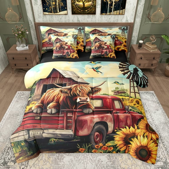 Homewish Animal Highland Cattle Hummingbird Bedding Comforter Set 7 Pieces for Teenagers,Red Truck Car Full Bedding Set Lightweight,Chic Floral Sunflowers Fitted Sheet Flat Sheet