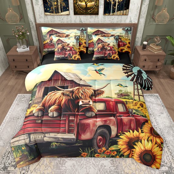 Homewish Animal Highland Cattle Hummingbird Twin Bedding Sets 7-Piece for Teenagers,Red Truck Car Bedding Comforter Set Microfiber,Chic Floral Sunflowers Breathable Sheet Sets