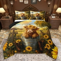 Homewish Animal Highland Cow Bedding Comforter Set 2pcs for Boys Girls,Chic Floral Sunflowers Twin Comforter Sets Microfiber,Vintage Farmhouse Cattle Breathable Bedding Set,Breathable Home Decor
