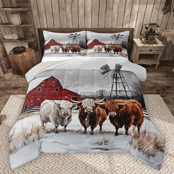 Homewish Animal Highland Cow Bedding Comforter Set 2pcs for Boys Girls,Vintage Windmill Cabin Twin Comforter Sets Microfiber,Western Farmhouse Breathable Bedding Set,Breathable Home Decor