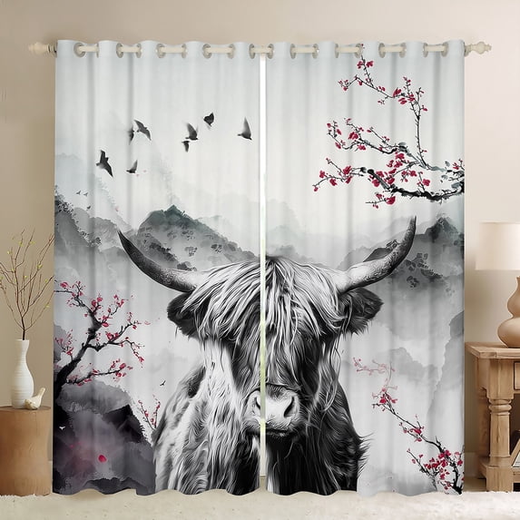 Homewish Animal Highland Cow Boy Girl Curtains Pack of 2 (42x84 Each),Cherry Blossoms Curtains Blackout,Japanese Style Bedroom Curtains,Lightweight Room Decor