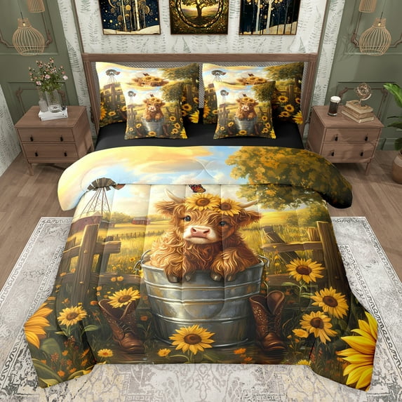 Homewish Animal Highland Cow Twin Bedding Sets 7-Piece for Boys Girls,Chic Floral Sunflowers Bedding Comforter Set Microfiber,Vintage Farmhouse Cattle Breathable Sheet Sets,Breathable Home Decor