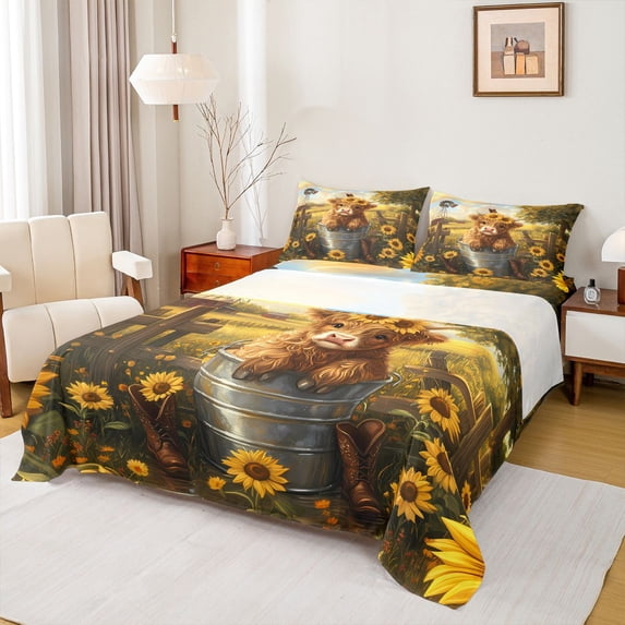 Homewish Animal Highland Cow Twin Sheet Sets 3pcs for Boys Girls,Chic Floral Sunflowers Twin Fitted Sheet Microfiber,Vintage Farmhouse Cattle Breathable Flat Sheet,Breathable Home Decor