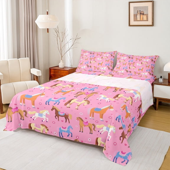 Homewish Animal Horse 3pcs Twin Sheet Sets For Teens Boys Girls,Chic Flowers Twin Fitted Sheet,Western Farmhouse Breathable Flat Sheet,Breathable Home Decor