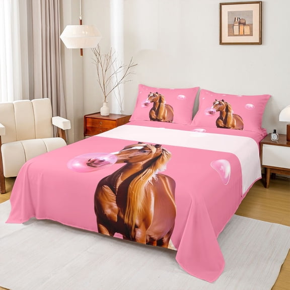 Homewish Animal Horse 4pcs Bed Sheets for Teens Boys Girls,Pink Brown King Sheets,Rustic Farmhouse Super Cozy Sheet Set,Ultra Soft Home Decor