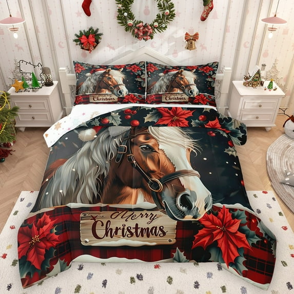 Homewish Animal Horse Full Size Comforter Sets 3-Piece for Teens Boys Girls,Merry Christmas Bedding Comforter Set,Xmas Red Flowers Lightweight Bedding Sets,Luxury Bedroom Decor,Reversible