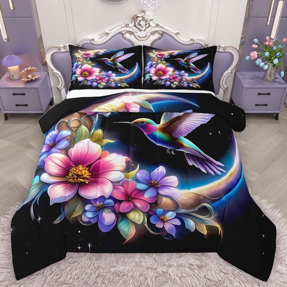 Homewish Animal Hummingbird 3 Pieces Queen Comforter Set for Female Men,Boho Floral Moon Ultra Soft Bedding Sets,Chic Flowers Bedding Comforter Set Breathable,Microfiber Bedroom Decor,Reversible