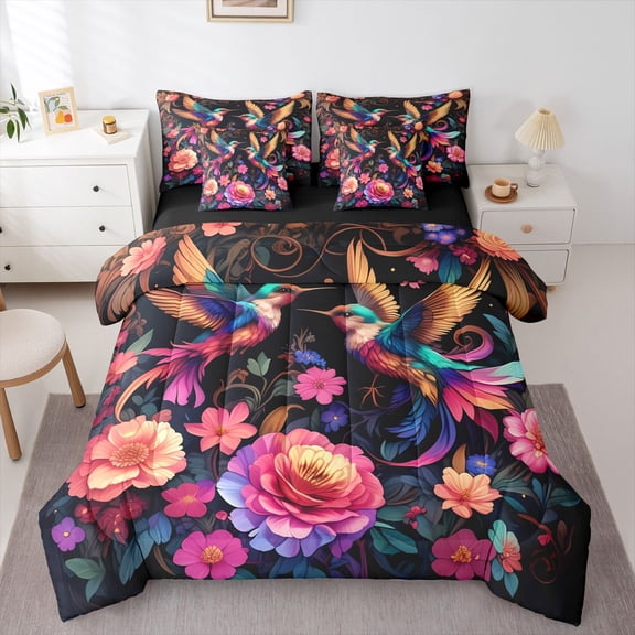 Homewish Animal Hummingbird Bedding Comforter Set 7pcs for Female Men Adults,Chic Floral Flowers Queen Bedding Sets Super Cozy,Spring Garden Queen Sheet Sets,Super Cozy Room Decor,Reversible
