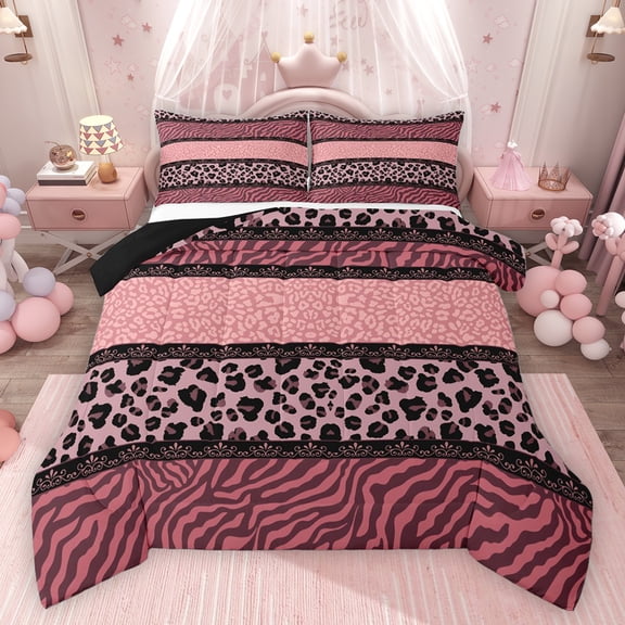 Homewish Animal Leopard Cheetah Print 3 Pieces Queen Comforter Set,Black Pink Ultra Soft Bedding Sets,Abstract Zebra Print Bedding Comforter Set Breathable,Luxury Bedroom Decor,Reversible