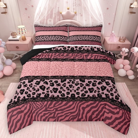 Homewish Animal Leopard Cheetah Print 3 Pieces Queen Comforter Set,Black Pink Ultra Soft Bedding Sets,Abstract Zebra Print Bedding Comforter Set Breathable,Luxury Bedroom Decor,Reversible