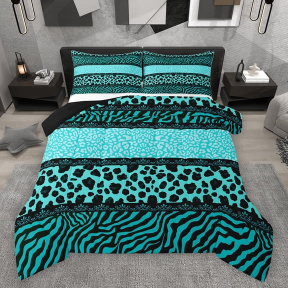 Homewish Animal Leopard Cheetah Print 3 Pieces Queen Comforter Set,Black Teal Ultra Soft Bedding Sets,Abstract Zebra Print Bedding Comforter Set Breathable,Luxury Bedroom Decor,Reversible