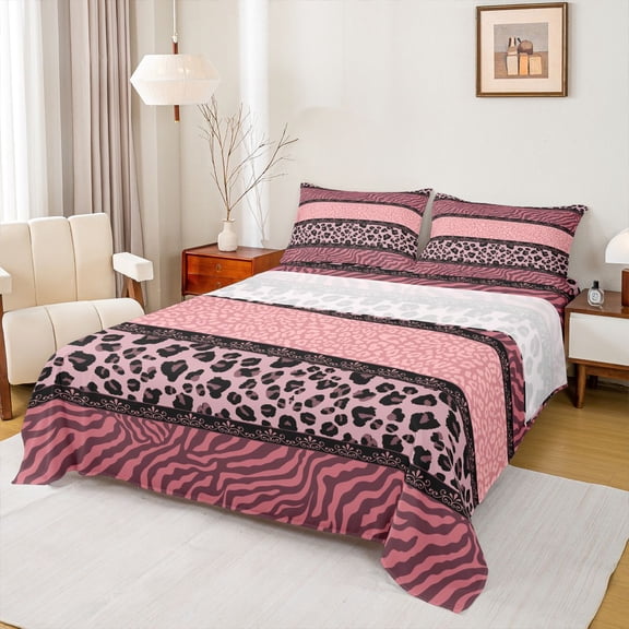 Homewish Animal Leopard Cheetah Print 4 Pieces Queen Sheet Sets,Black Pink Ultra Soft Flat Sheet,Abstract Zebra Print Queen Fitted Sheet,Luxury Bedroom Decor