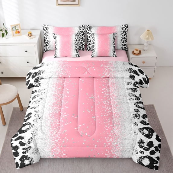 Homewish Animal Leopard Cheetah Print 7-Piece Twin Bedding Sets For Teens Adults,Bling Glitter Bedding Comforter Set,Abstract Gradient Breathable Sheet Sets,Breathable Home Decor,Reversible