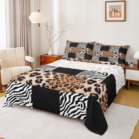 Homewish Animal Leopard Cheetah Print Full Size Sheets 4-Piece,Black Brown Breathable Bed Sheets,Abstract Plaid Zebra Print Lightweight Sheet Sets,Luxury Bedroom Decor
