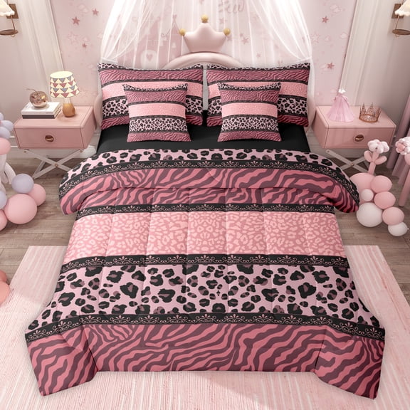 Homewish Animal Leopard Cheetah Print Twin Bedding Sets 7-Piece,Black Pink Bedding Comforter Set Microfiber,Abstract Zebra Print Breathable Sheet Sets,Luxury Bedroom Decor,Reversible