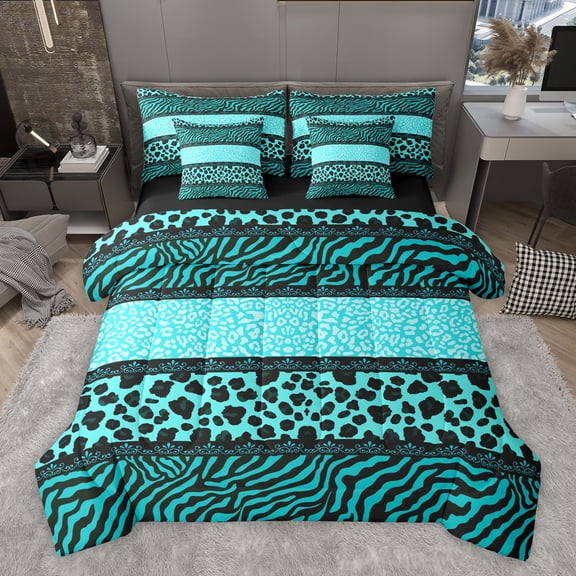 Homewish Animal Leopard Cheetah Print Twin Bedding Sets 7-Piece,Black Teal Bedding Comforter Set Microfiber,Abstract Zebra Print Breathable Sheet Sets,Luxury Bedroom Decor,Reversible