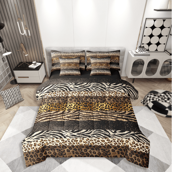 Homewish Animal Leopard Zebra Print Bedding Comforter Set 7pcs for Children Teens Adults,Geometric Stripes Queen Bedding Sets Super Cozy,Retro Vintage Queen Sheet Sets,Luxury Bedroom Decor