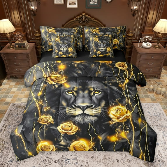 Homewish Animal Lion Boy Girl Twin Bedding Sets 7-Piece,Chic Floral Golden Rose Bedding Comforter Set Microfiber,Abstract Vintage Flowers Wildlife Breathable Sheet Sets,Ultra Soft Home Decor