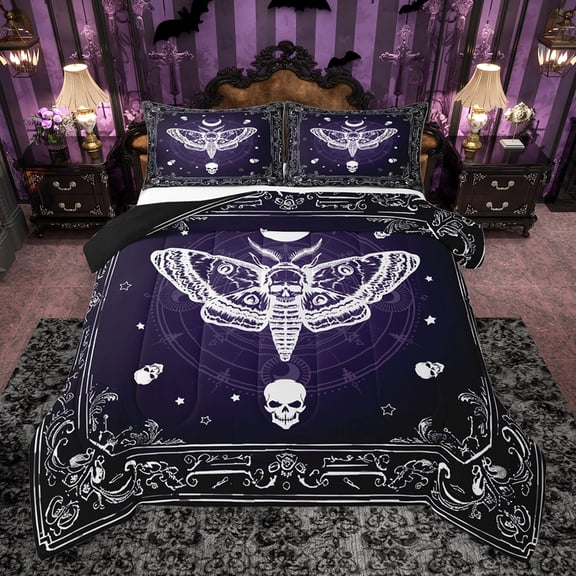 Homewish Animal Moth 3 Pieces Queen Comforter Set for Female Men,Gothic Skull Ultra Soft Bedding Sets,Exotic Style Bedding Comforter Set Breathable,Luxury Bedroom Decor,Reversible