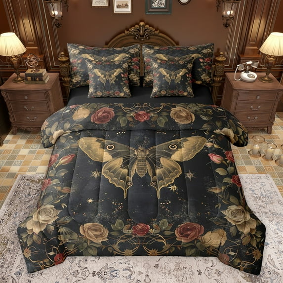 Homewish Animal Moth Boy Girl Bedding Comforter Set 7-Piece,Chic Floral Flowers Rose King Bedding Sets,Retro Vintage Aesthetic Ultra Soft Bed Sheets,Lightweight Room Decor,Reversible